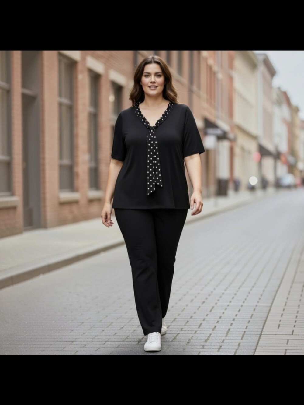 Adele & May Black Polka Dot Tie-Neck Top Plus Size 2X